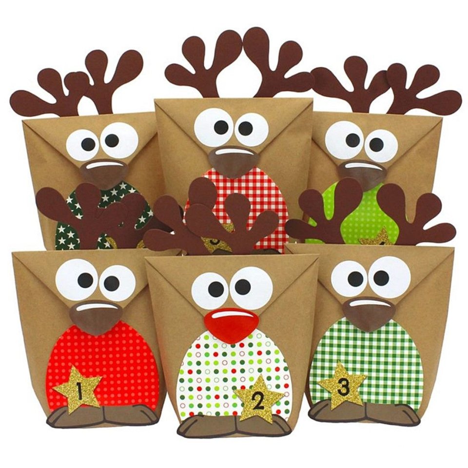Papierdrachen DIY-Adventskalender zum Befüllen Rentiere rot-grün
