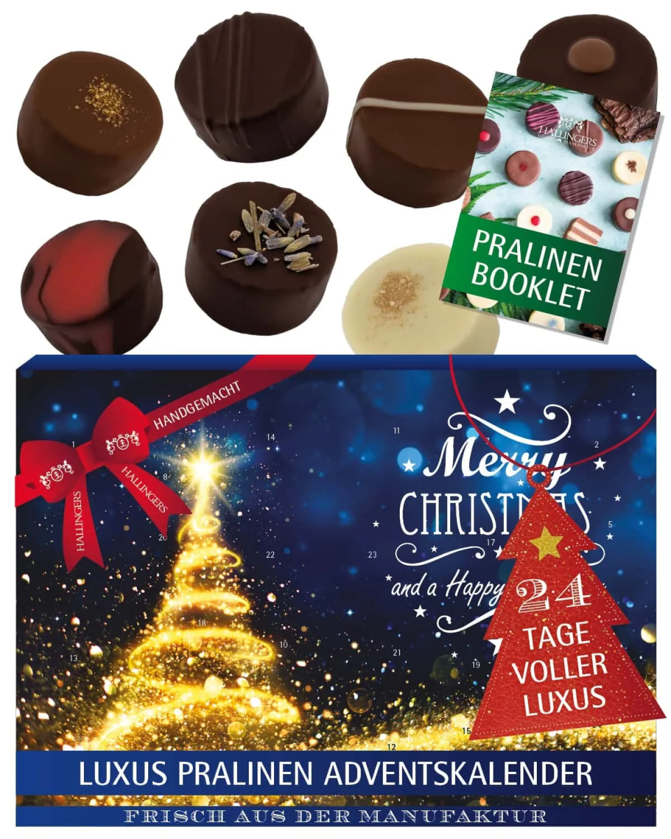 Hallingers Pralinen-Adventskalender „Glitzertanne“ mit & ohne Alkohol