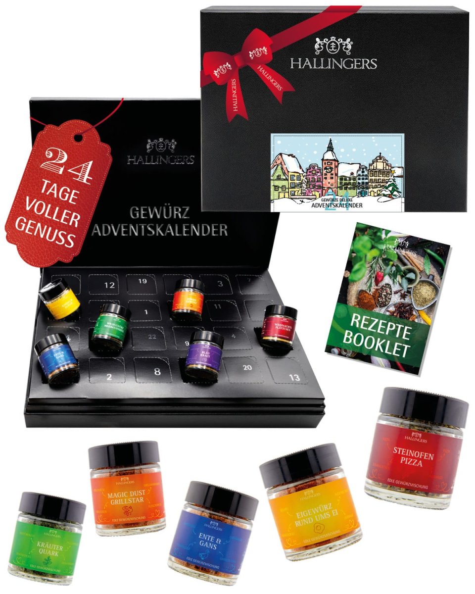 Hallingers Gewürz-Adventskalender „Nostalgische Altstadt“ mit 24 Gewürzen und Rezept-Booklet