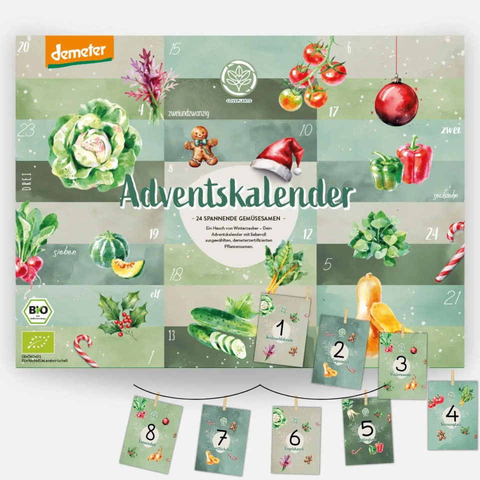 Loveplants Demeter-Saatgut-Adventskalender mit 24 Gemüsesamen
