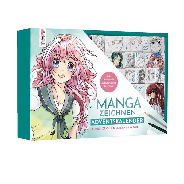 TOPP Manga zeichnen Adventskalender – Manga zeichnen lernen in 24 Tagen mit Anleitungsbuch, Workbook und Material