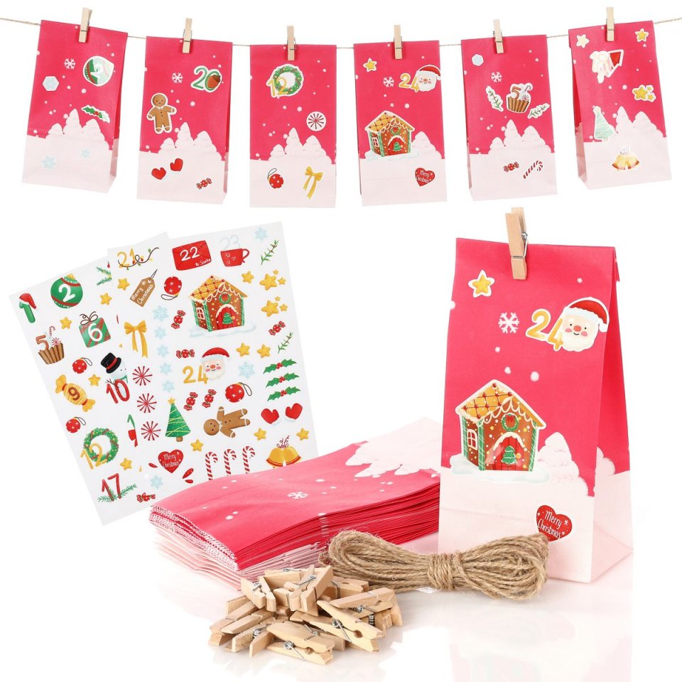 Nordstern Adventskalender zum Befüllen – 24 Papiertüten mit Aufklebern, Juteschnur und Klammern