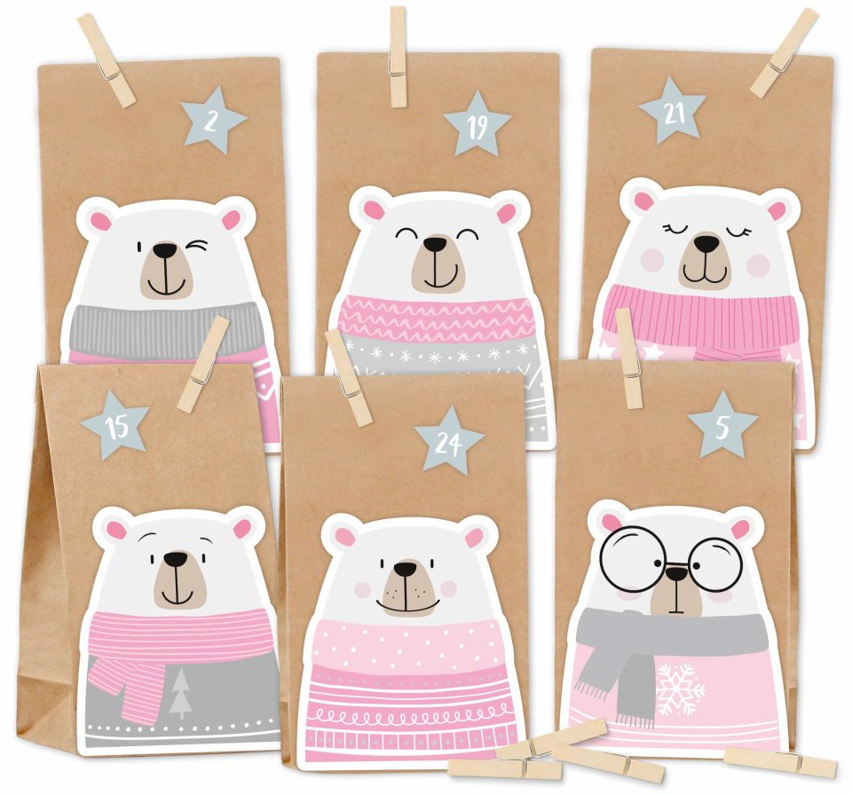 KuschelICH Adventskalender zum Befüllen „Eisbär“ rosa mit Holzklammern
