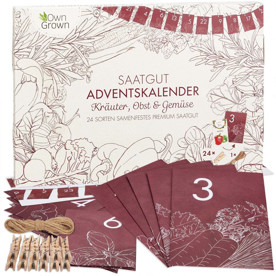 OwnGrown Saatgut-Adventskalender Kräuter, Obst & Gemüse